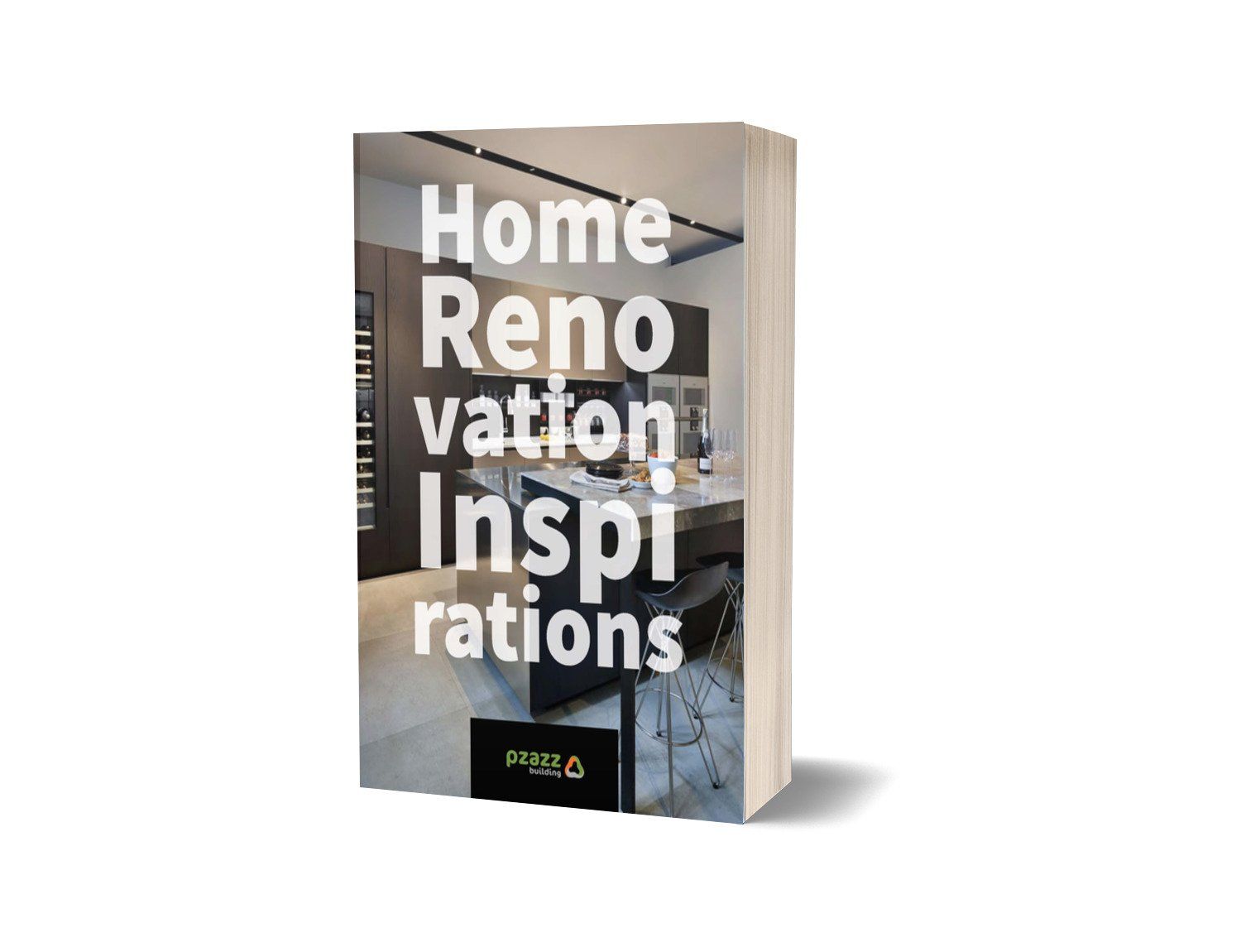 A book titled home renovation inspirations with a picture of a living room on the cover.