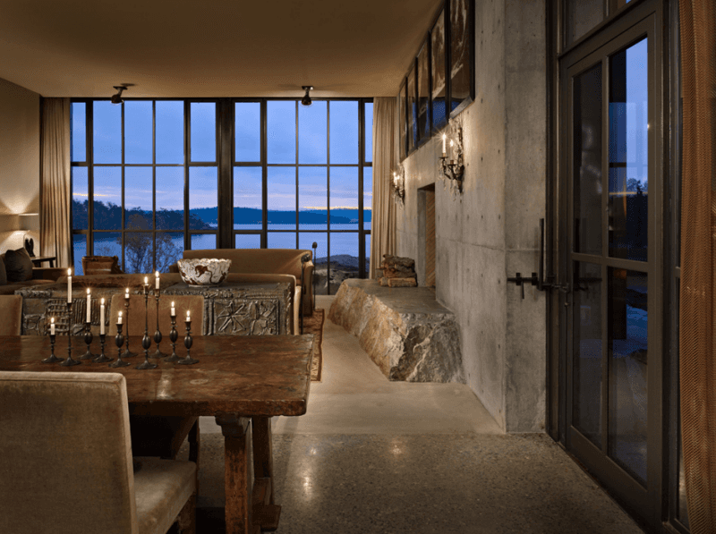 House built into rock outcrop Washington State home interior