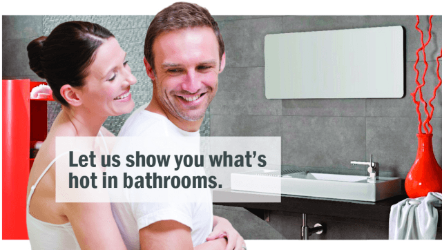 A man and woman in a bathroom with the words let us show you what 's hot in bathrooms