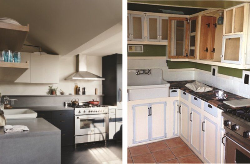 A before and after photo of a kitchen with white cabinets