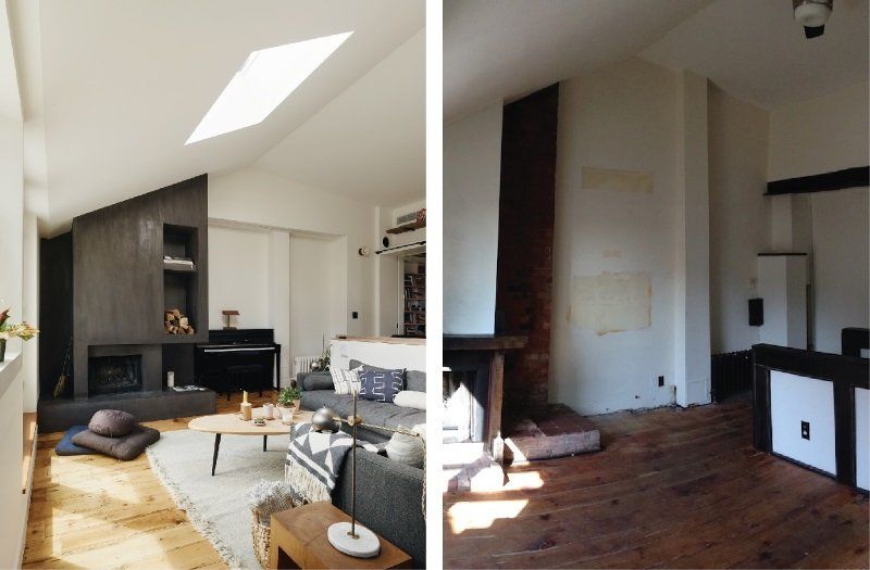 A before and after photo of a living room with a fireplace