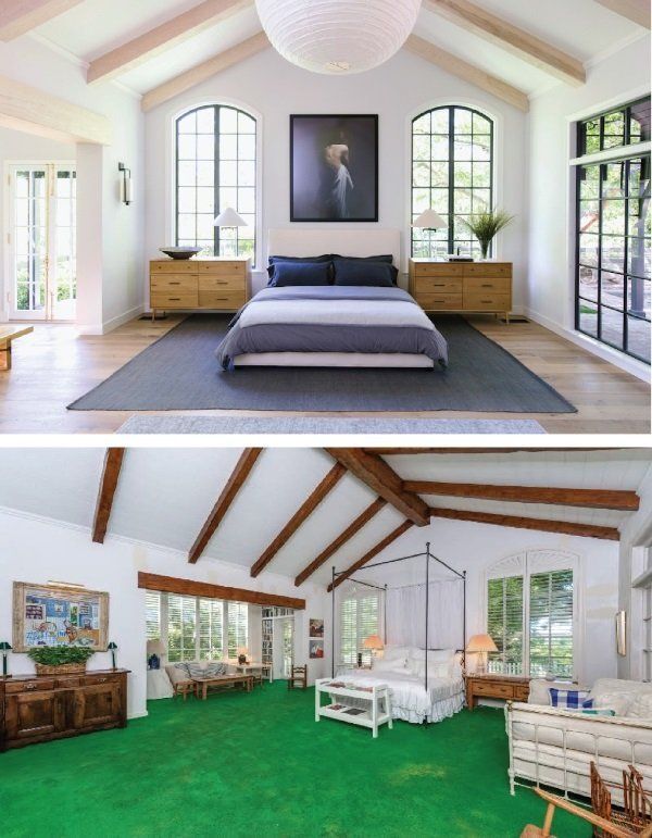 A bedroom and a living room with green carpet