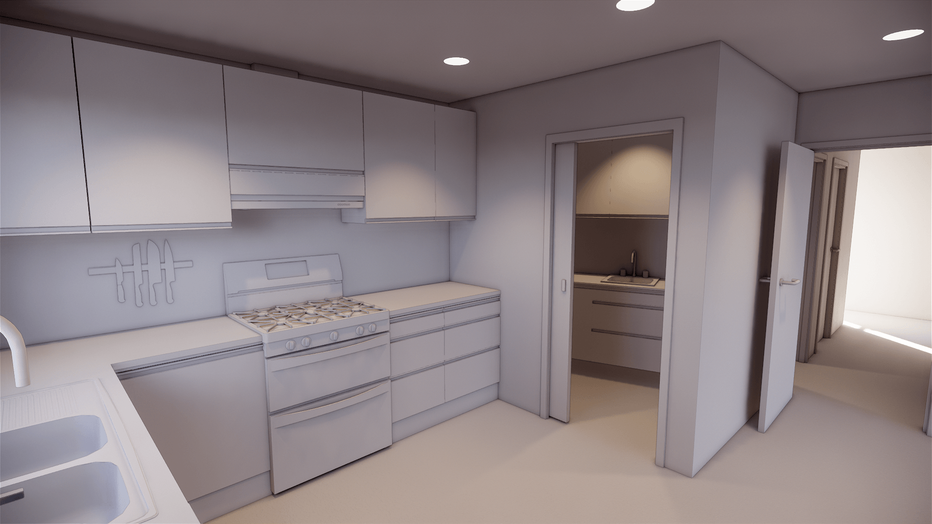 A 3d model of a kitchen with white cabinets and appliances
