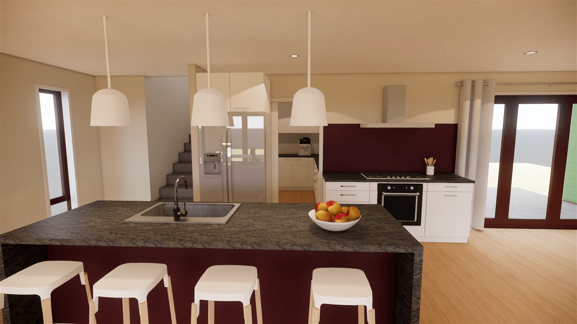 An artist 's impression of a kitchen with a large island and stools.