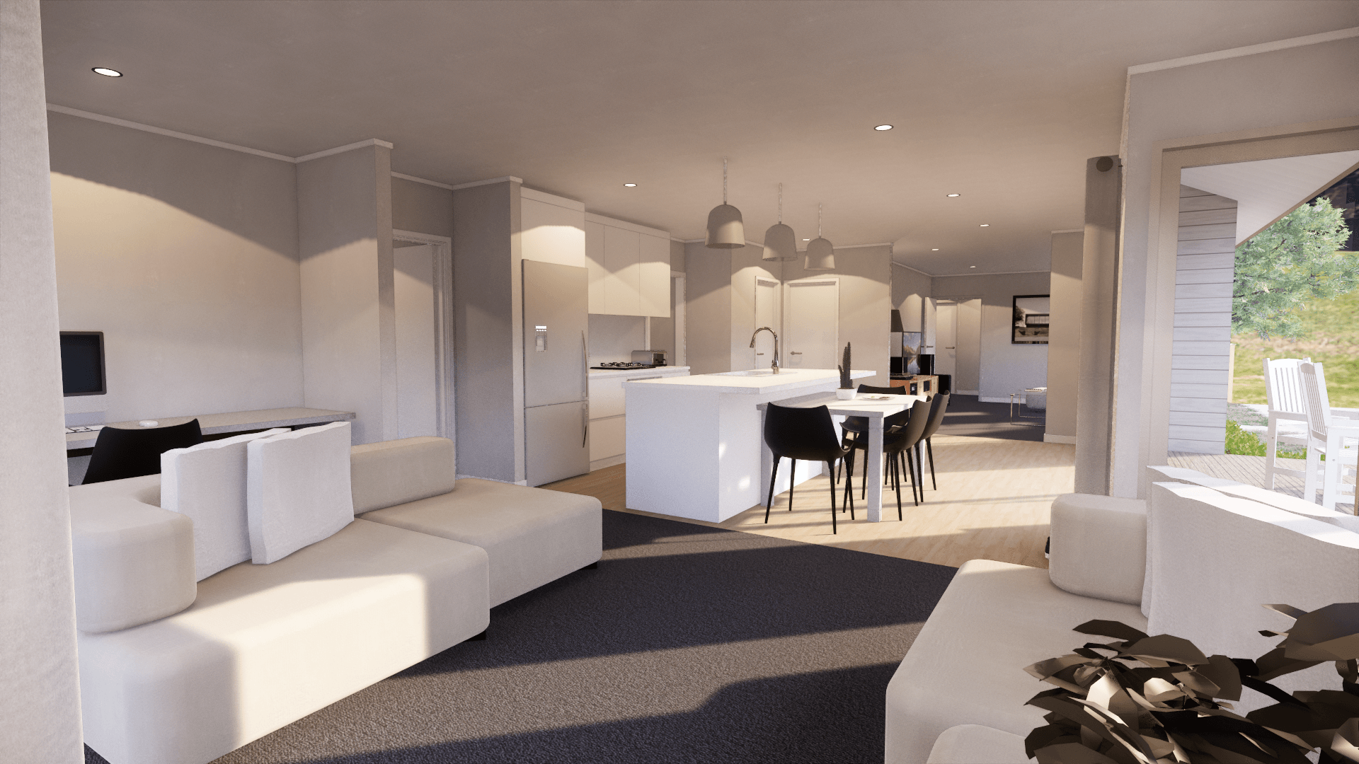 3D design of a living room and dining room in a house.