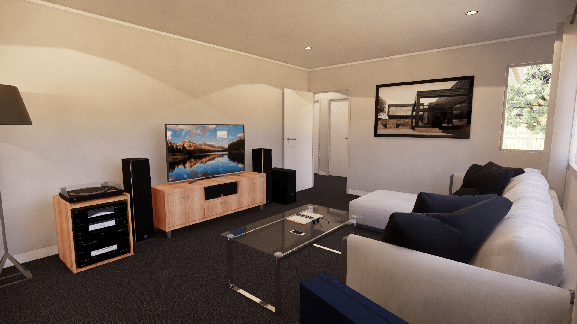 3D design of a living room with a couch , table , television and speakers.