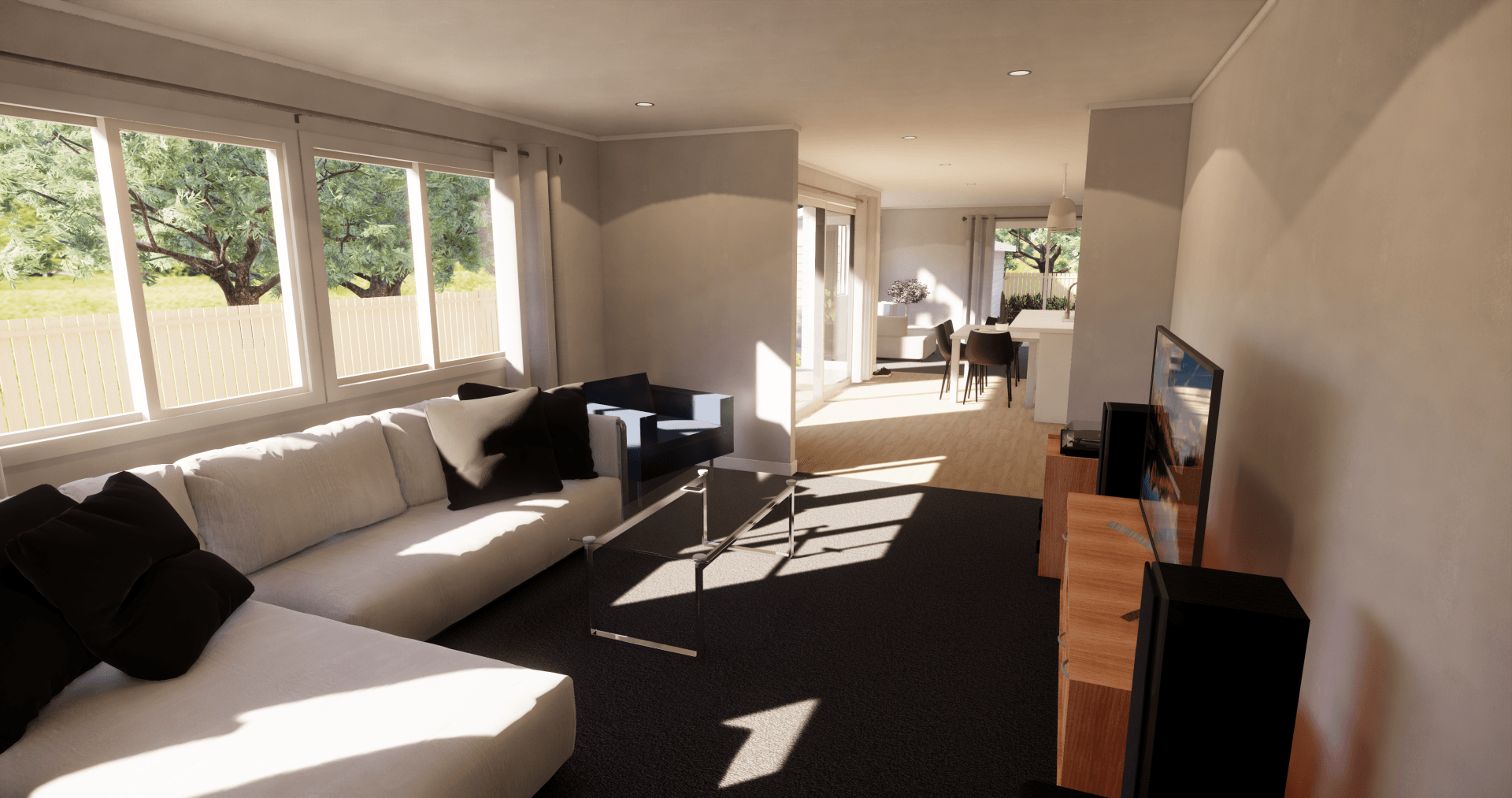 3D design of a living room with a couch and a television.