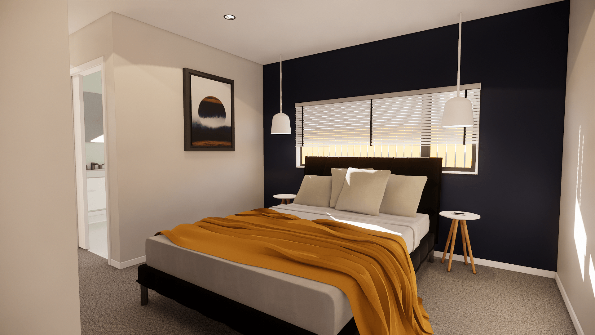 3D design of a bedroom with a large bed and a blue wall.