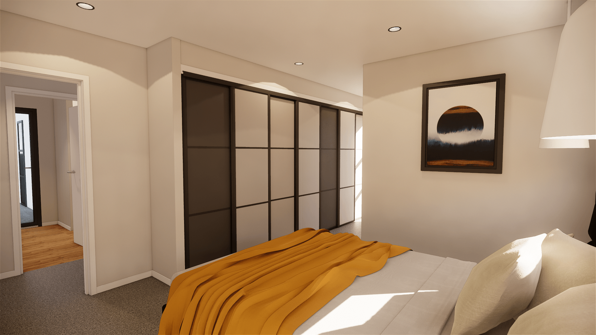 3D design of a bedroom with a large bed and a painting on the wall.