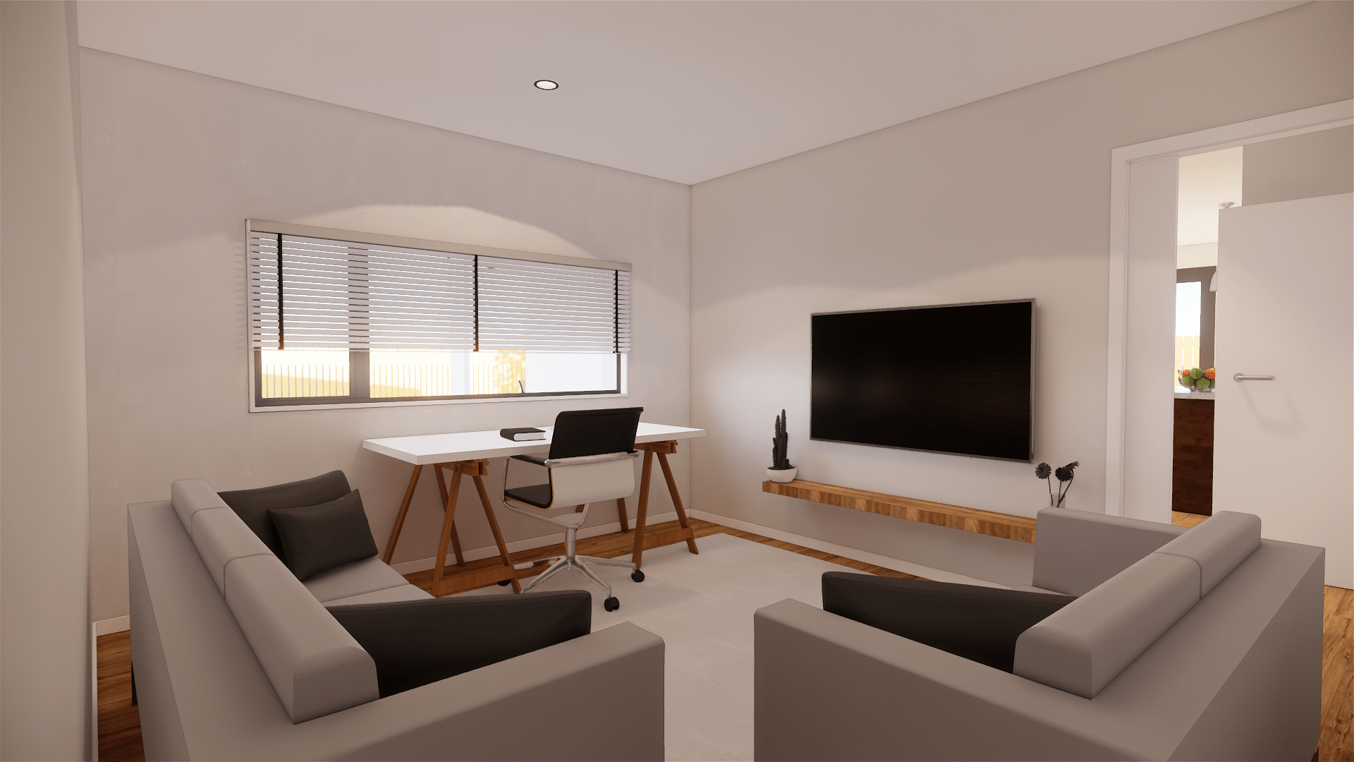 3D design of a living room with a couch , chair , desk and television.