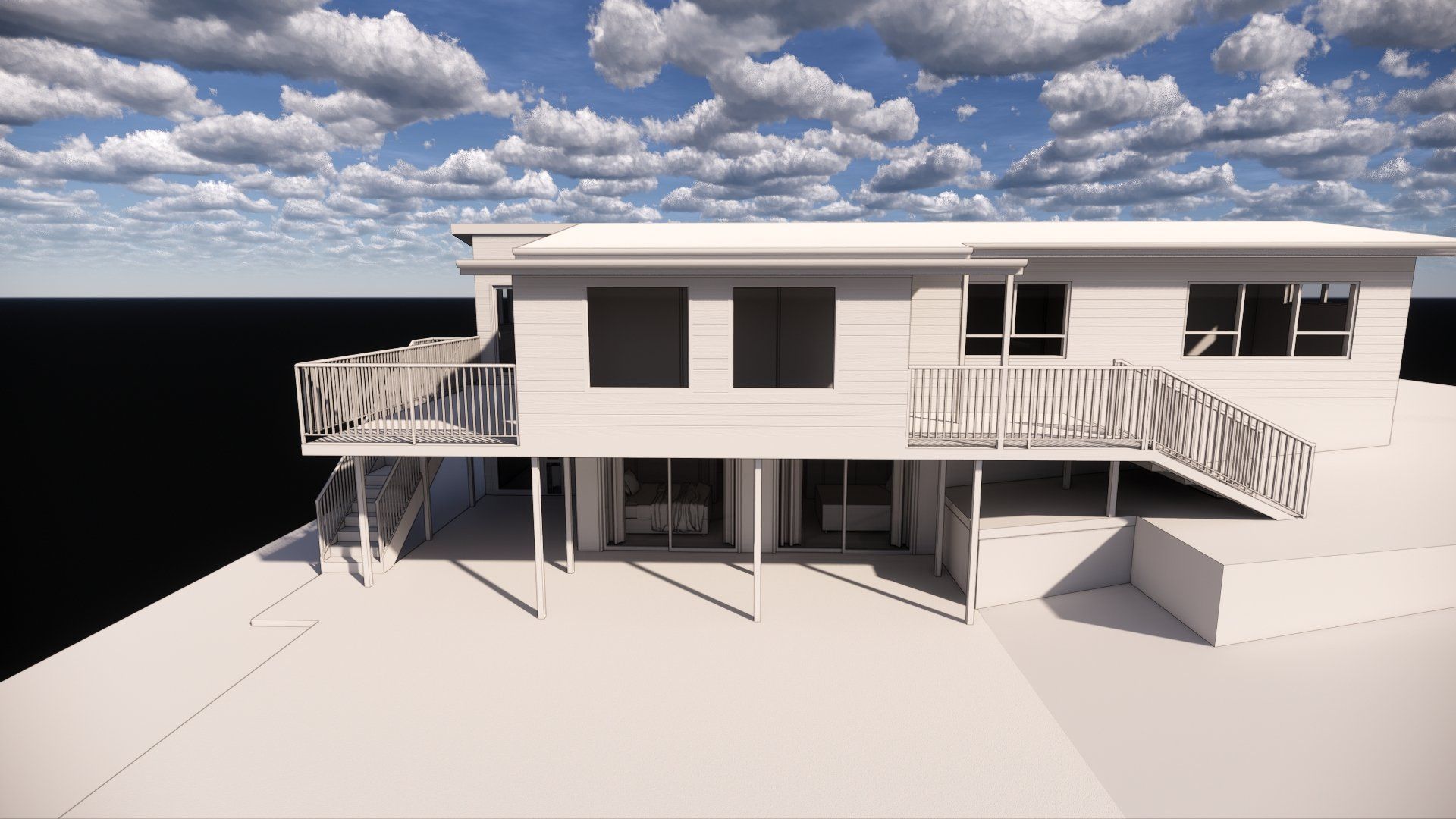 A 3d model of a house with a balcony and stairs.