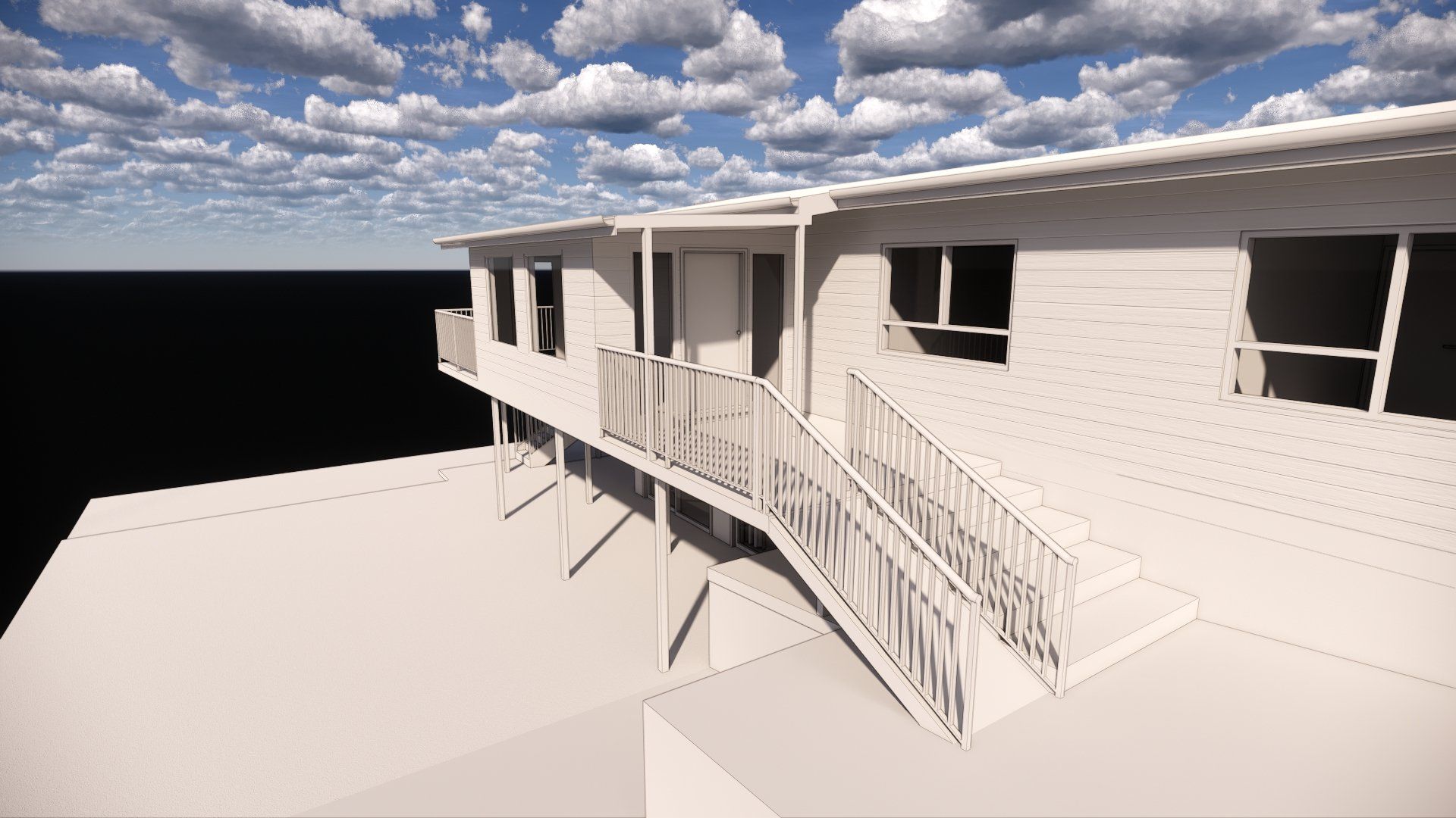 A 3d model of a house with a balcony and stairs.
