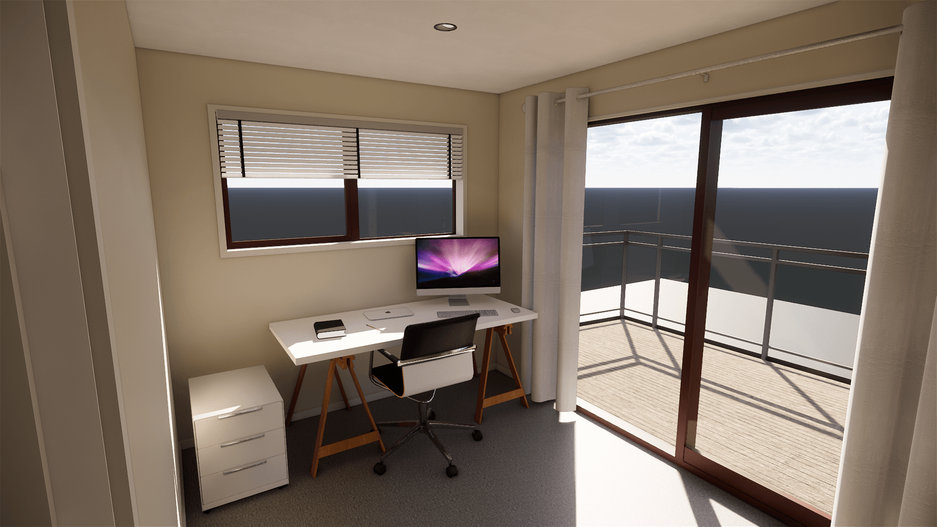 A computer is on a desk in a room with a sliding glass door.