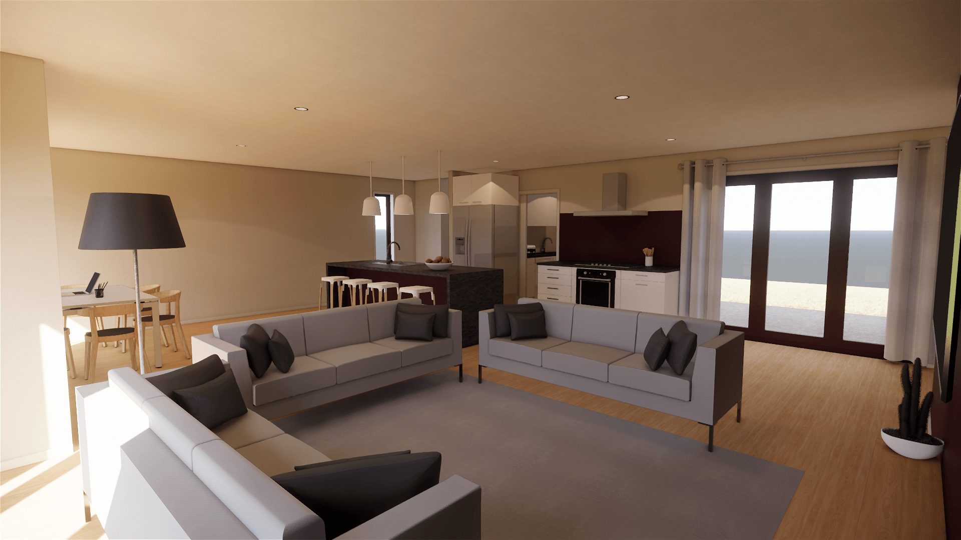 A living room with two couches , a table and a lamp.