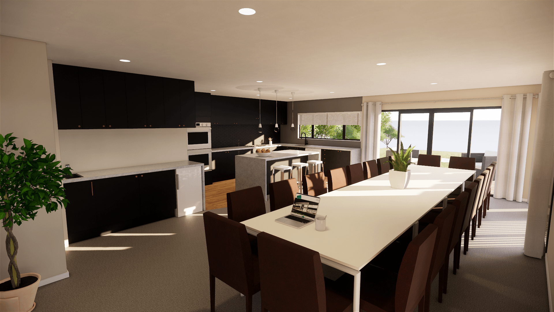 An artist 's impression of a large dining room with a long table and chairs.
