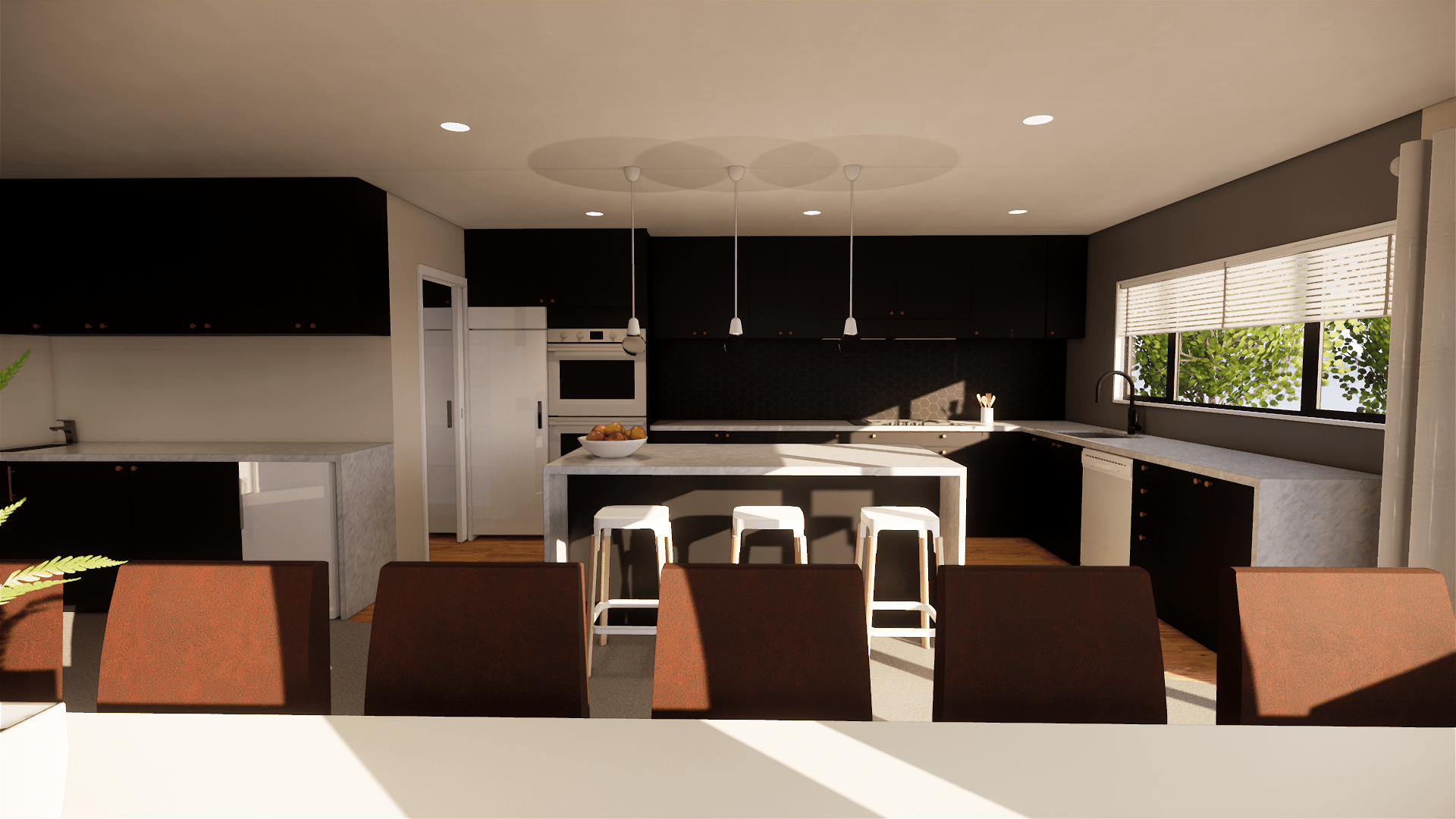 An artist 's impression of a kitchen and dining room in a house.