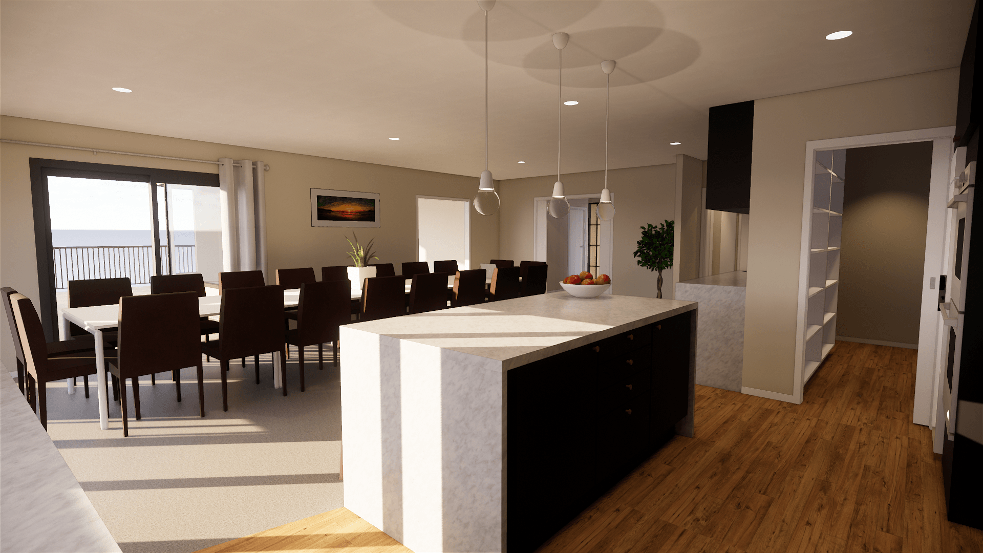 An artist 's impression of a kitchen and dining room in a house.