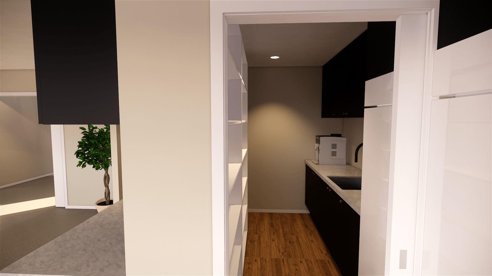 An artist 's impression of a kitchen with black cabinets and wooden floors.