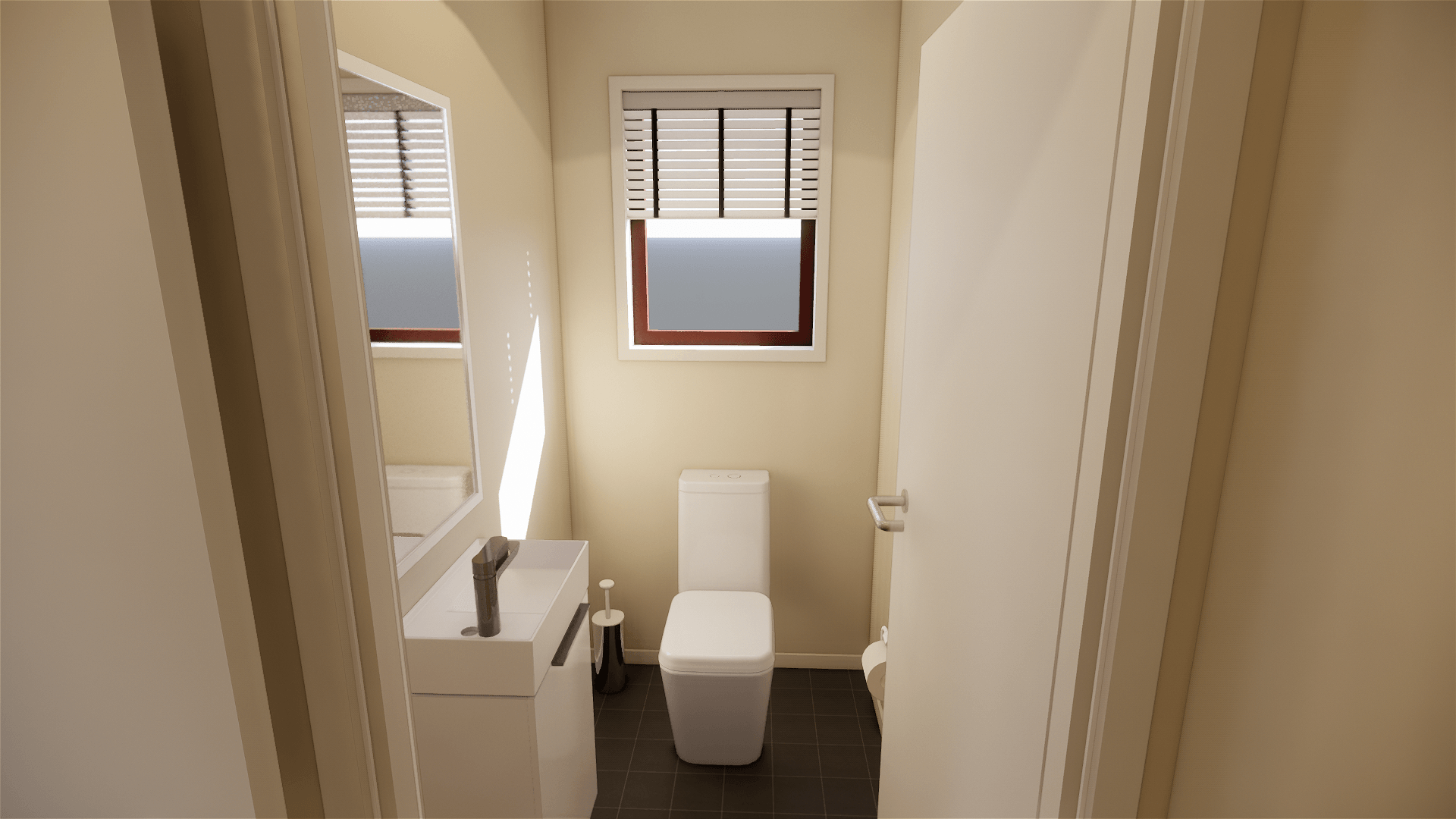 A bathroom with a toilet , sink , mirror and window.