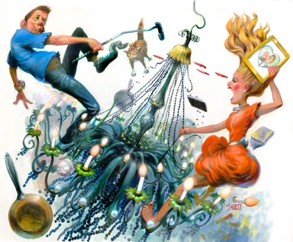 A cartoon of a man and woman fighting over a chandelier
