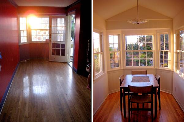 A before and after photo of a room with a table and chairs