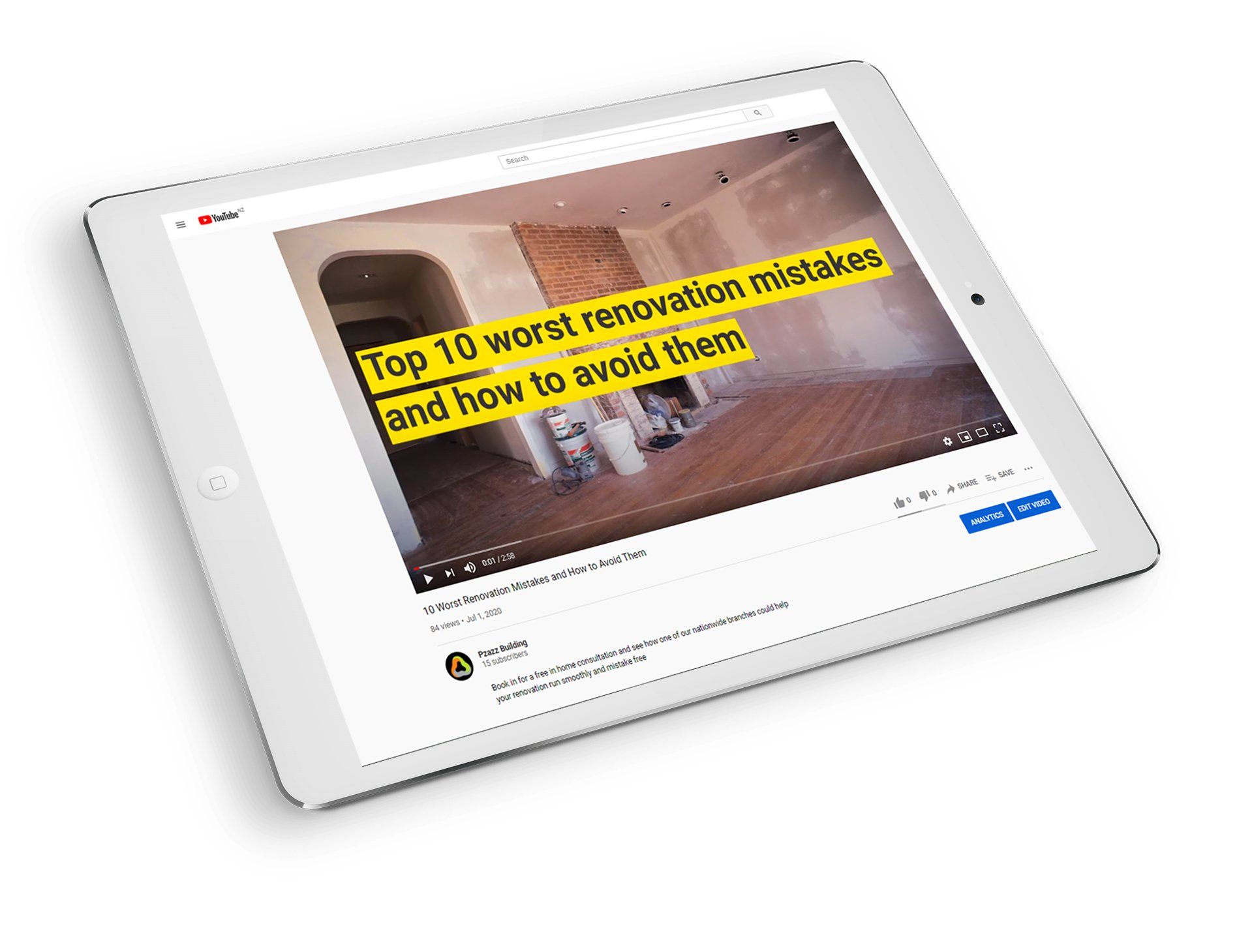 A tablet is displaying a video about top 10 worst renovation mistakes and how to avoid them.
