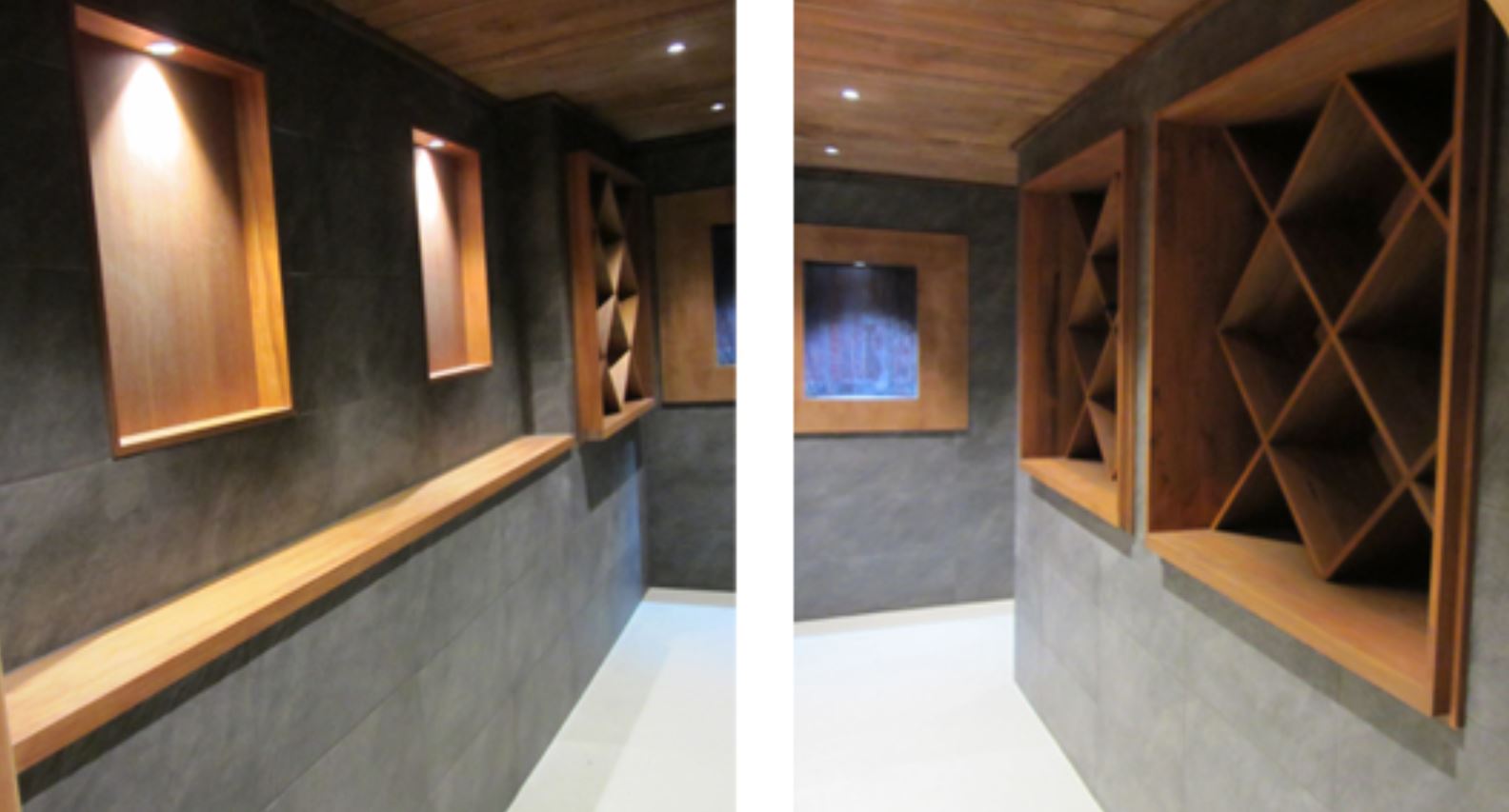 Two pictures of a hallway with wooden shelves