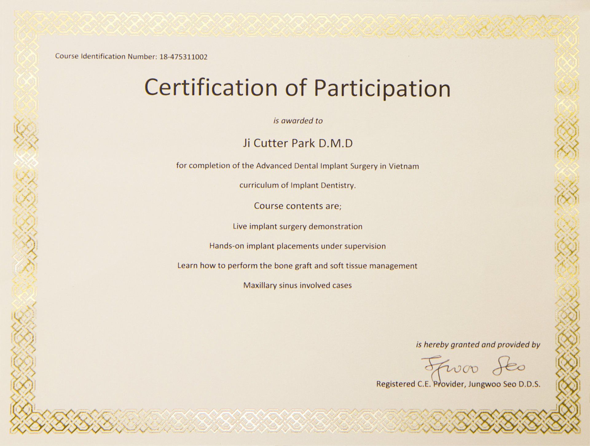 Certificate of Participation for Advanced Dental Implant Surgery in Vietnam