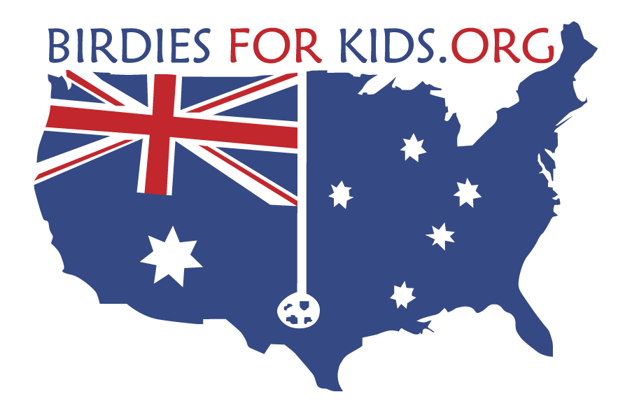 Logo: "Birdies for Kids" with Australian flag overlaid on a US map; golf ball on a tee.