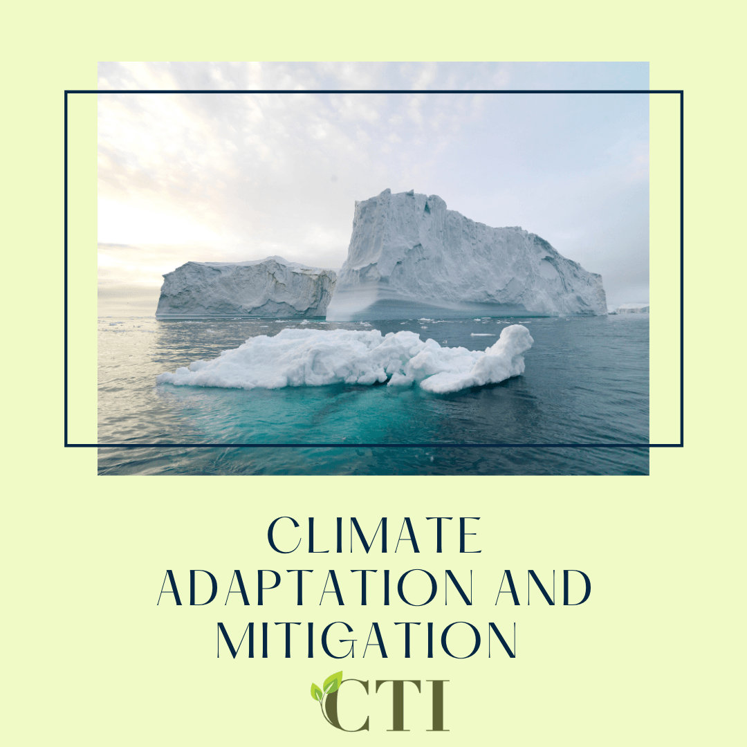 Icebergs in turquoise water, framed by a rectangle. Text: Climate Adaptation and Mitigation, CTI logo.