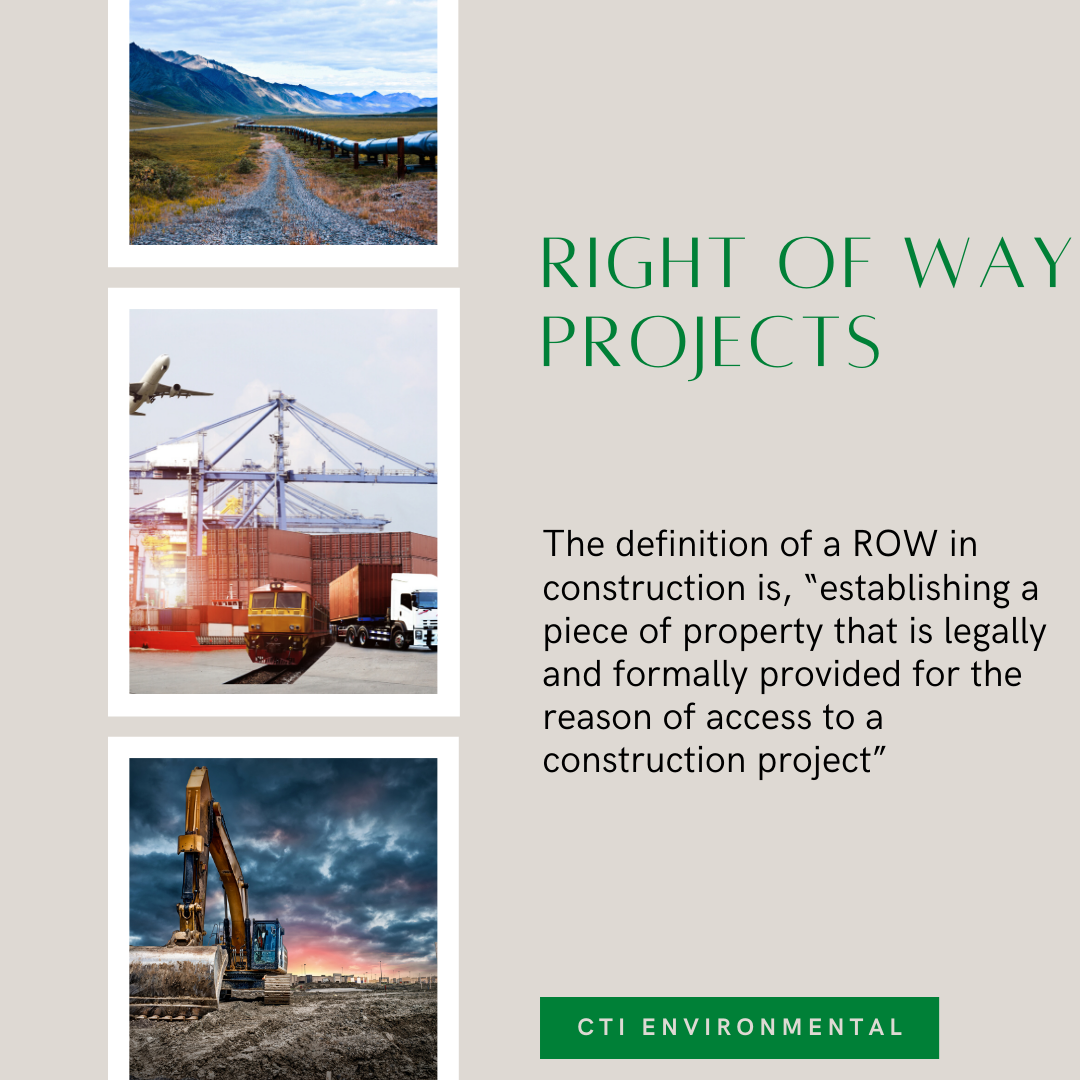 Collage with images of a road, a shipping port, and an excavator; text about right-of-way projects.