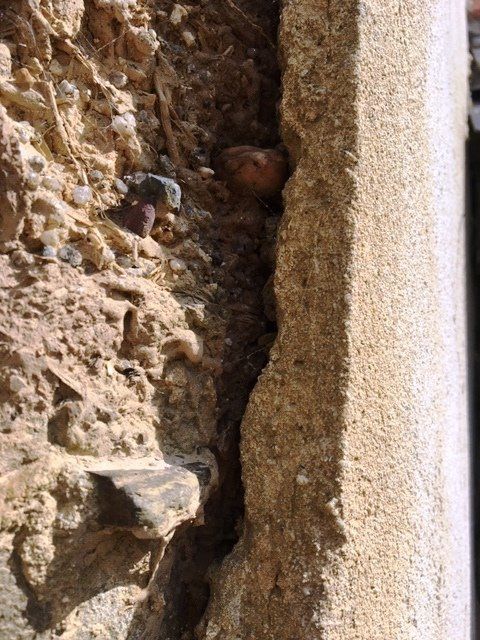 A close up of a rock wall with a hole in it