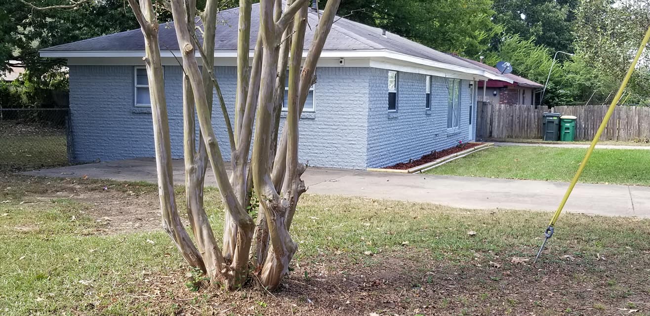 A blue brick house with a tree in front of it.