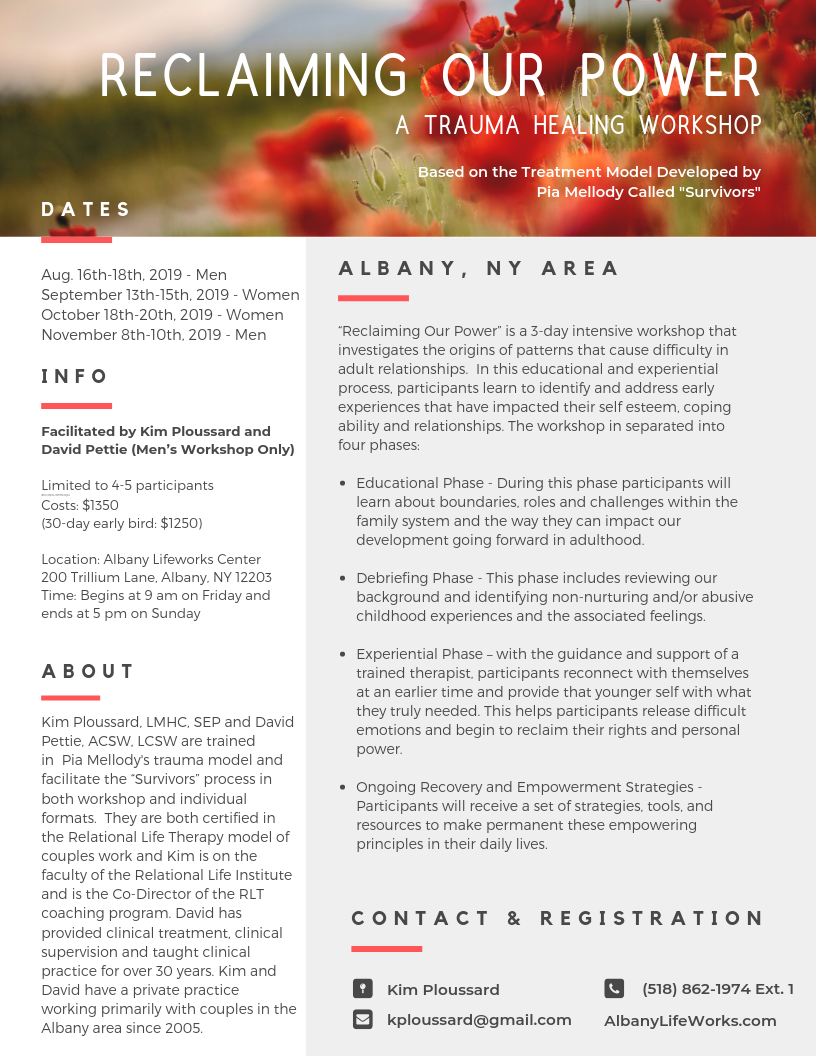 Reclaiming Our Power:  A Trauma Healing Workshop facilitated by Kim Ploussard, LMHC and David Pettie, ACSW, LCSW (Men's Workshop Only)