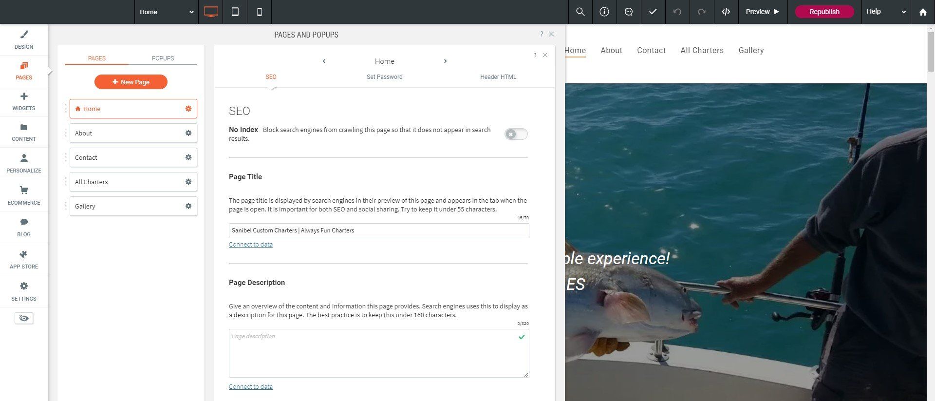SEO editing section of Apex Design website editor