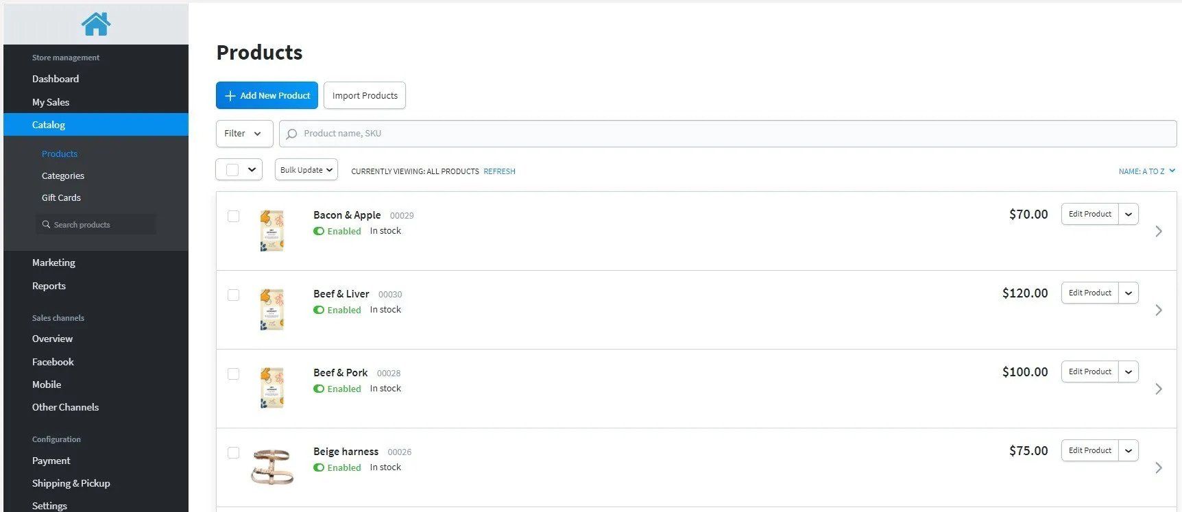 Screenshot of products of website store editor