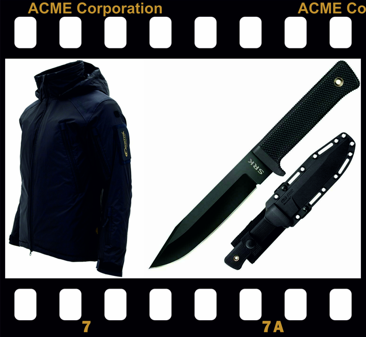 Schwarze Jacke und Messer mit Scheide vor dem Hintergrund eines Filmstreifens.