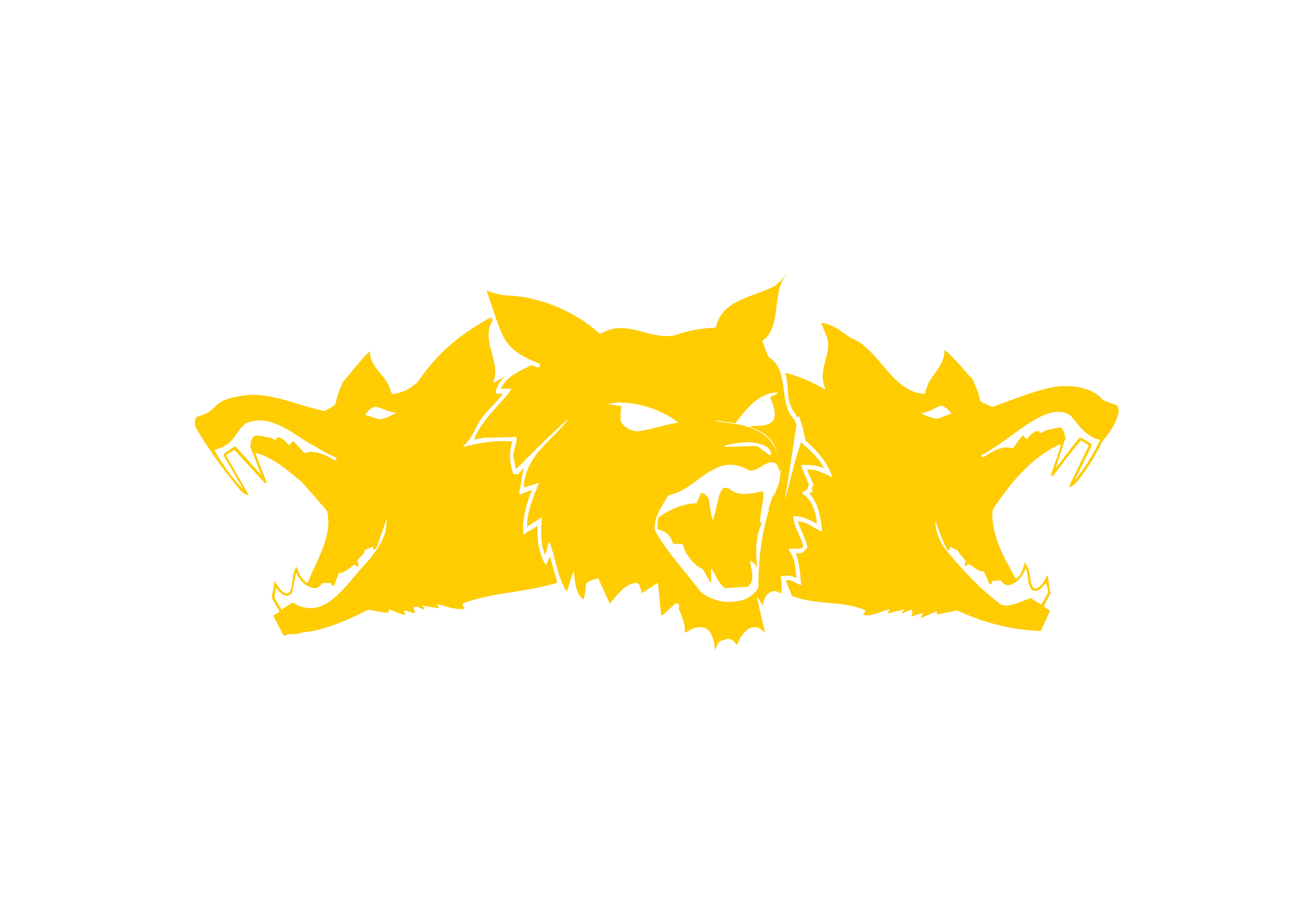 SicherheitvonAbisZ.de Gelbe Silhouette von drei knurrenden Wolfsköpfen auf weißem Hintergrund.