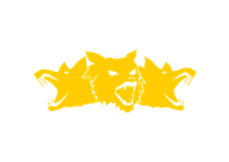 Gelbe Silhouette von drei knurrenden Wolfsköpfen auf weißem Hintergrund.