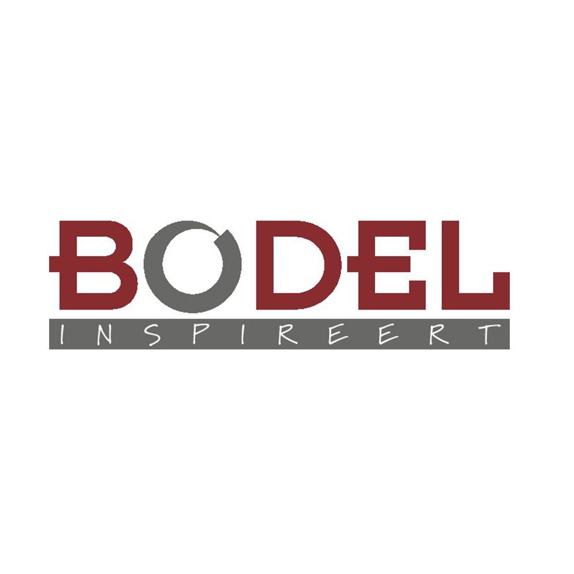 Logo voor Bodel. Rode en grijze tekst.