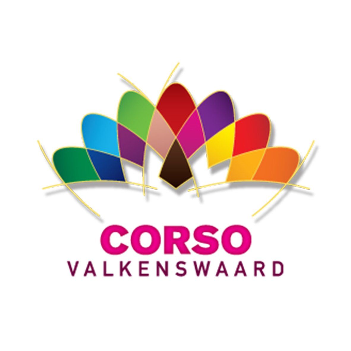 Logo for Corso Valkenswaard: colorful flags radiating from center, with text 