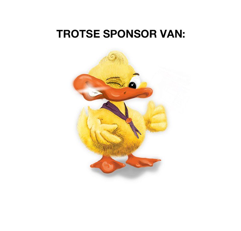 Gele cartooneend met duim omhoog, rook, knipogend. Tekst: Trotse sponsorbus.