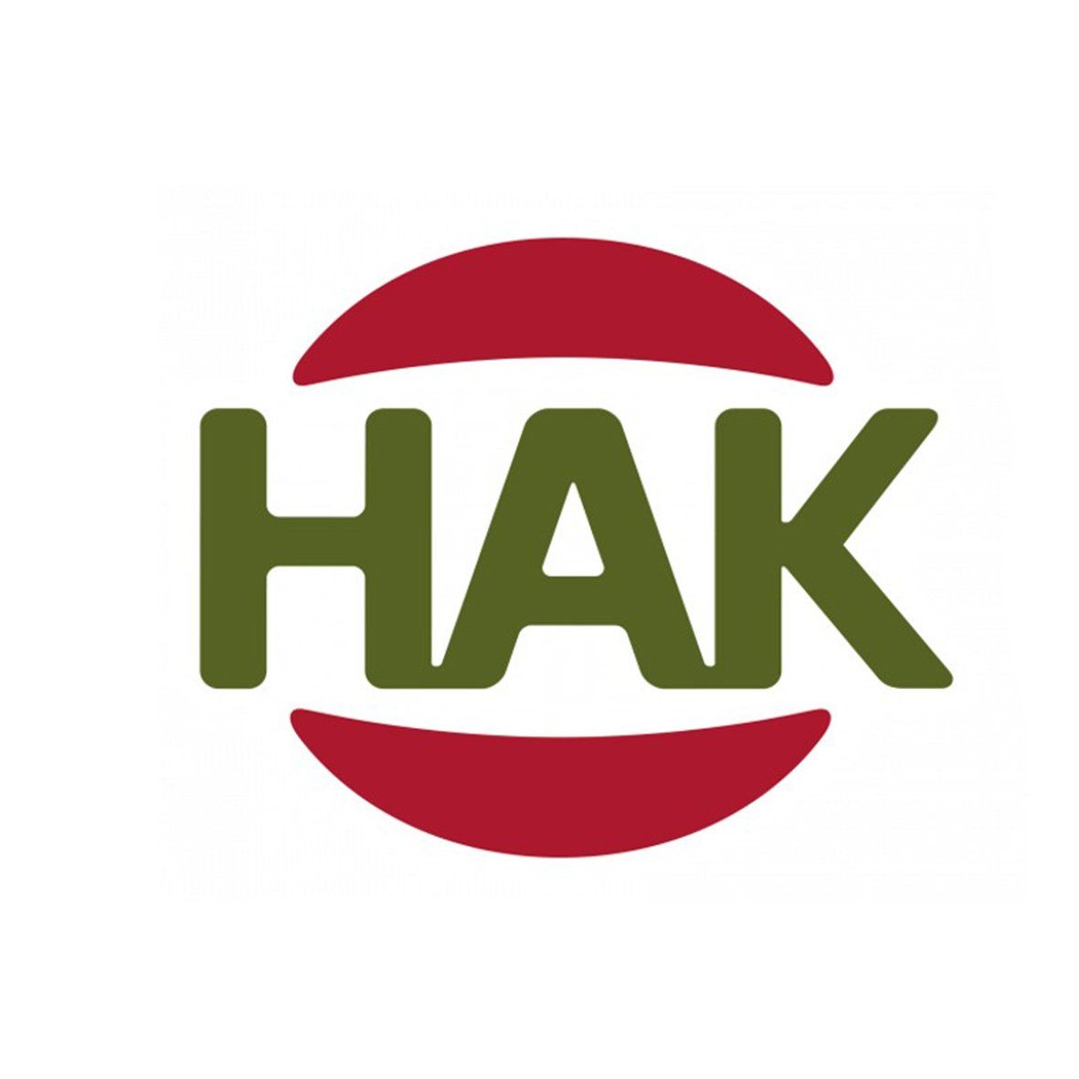 Logo HAK: olijfgroene letters in een rode cirkel, die staan ​​voor het voedingsmiddelenbedrijf HAK.