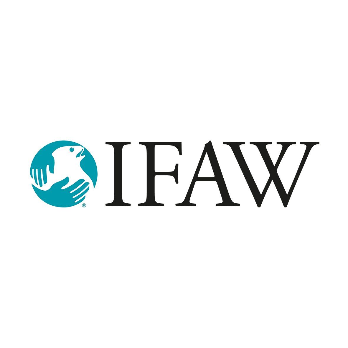 IFAW-logo: blauwe wereldbol met handen, vogel; zwarte tekst 