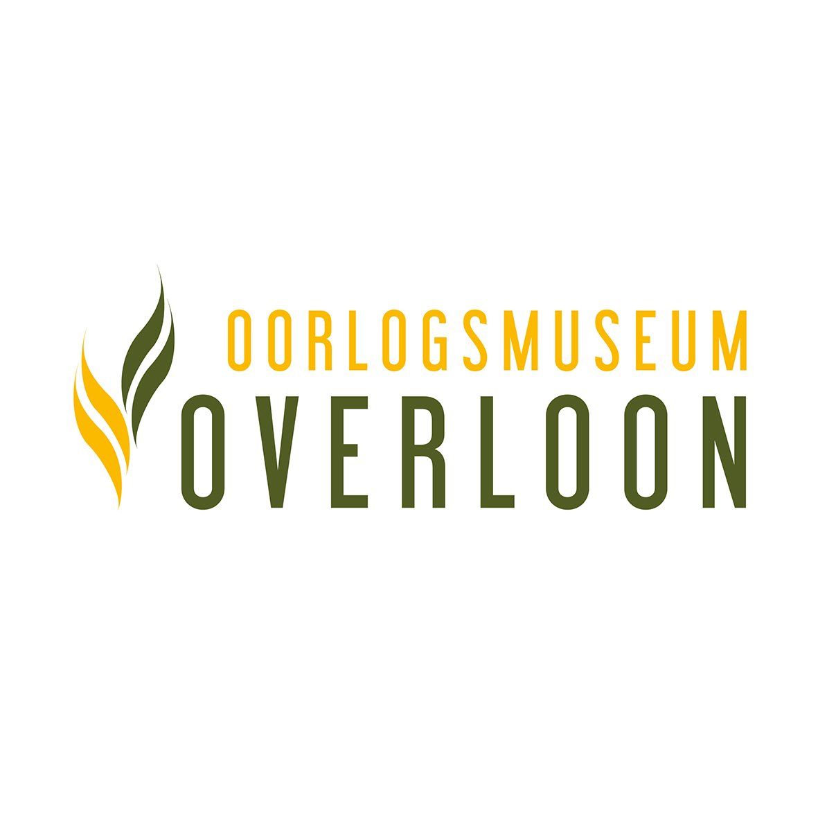 Logo for War Museum Overloon. Green and yellow leaf motif, yellow text 
