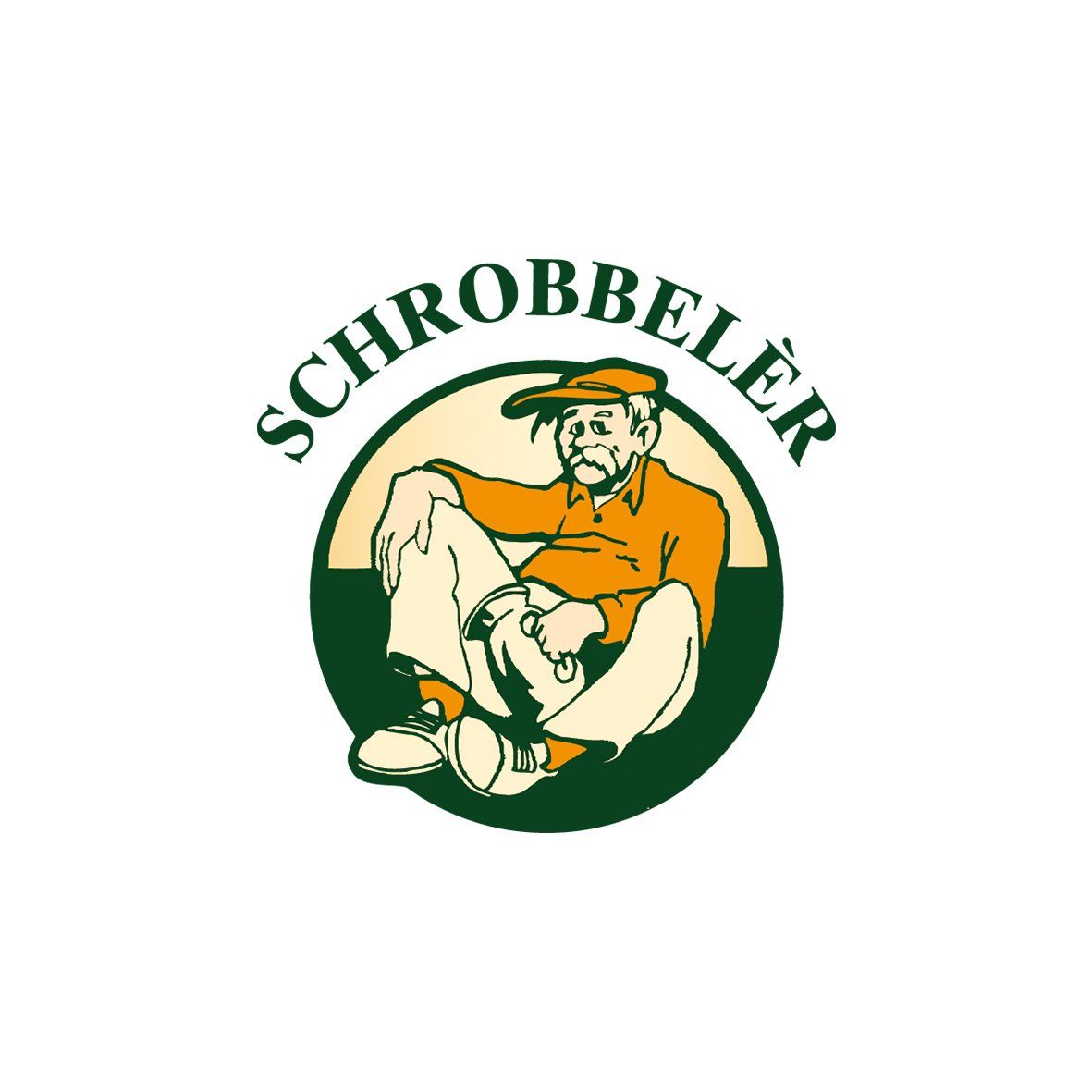Logo van Schrobbelèr: zittende man in oranje en bruine kleding binnen een groen-witte cirkel, tekst erboven.