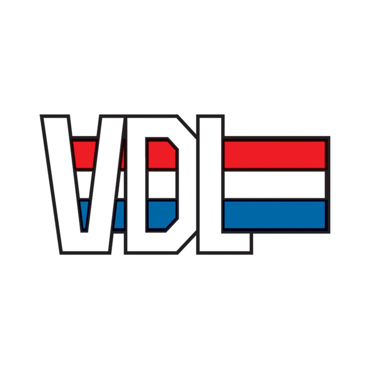 VDL-logo met witte tekst en de Nederlandse vlagkleuren rood, wit en blauw.