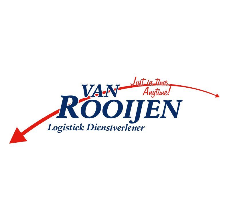 Logo voor Van Rooijen, een logistiek bedrijf, met een blauwe tekst en een rode pijl, met de tekst 