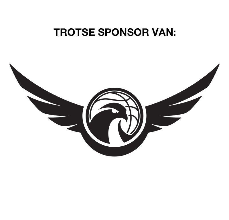 Zwart logo met vleugels, een havikskop en een basketbalwereldbol, boven