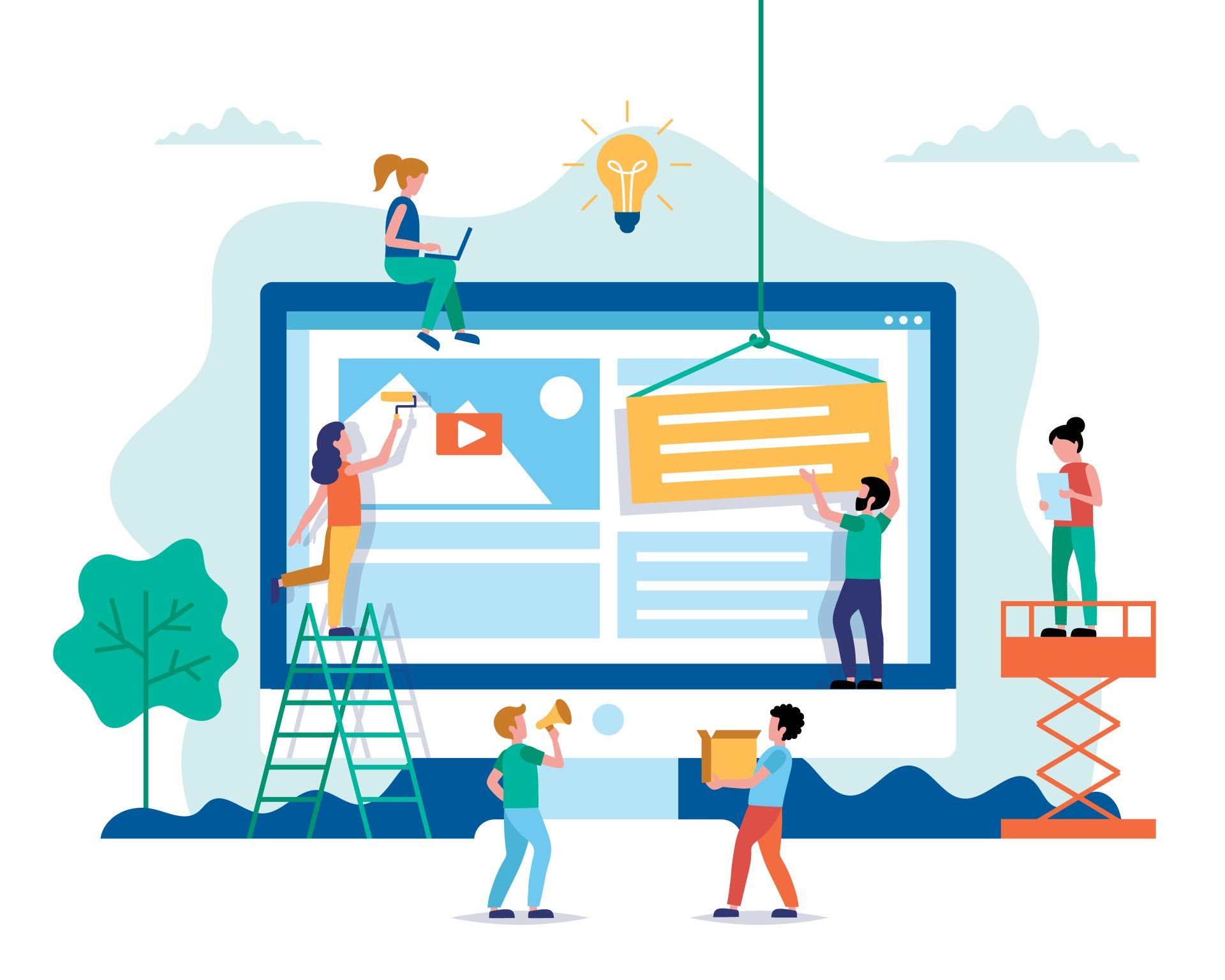 Des personnes collaborent à la conception d'un site web sur un écran d'ordinateur géant, à l'aide d'échelles et d'outils.